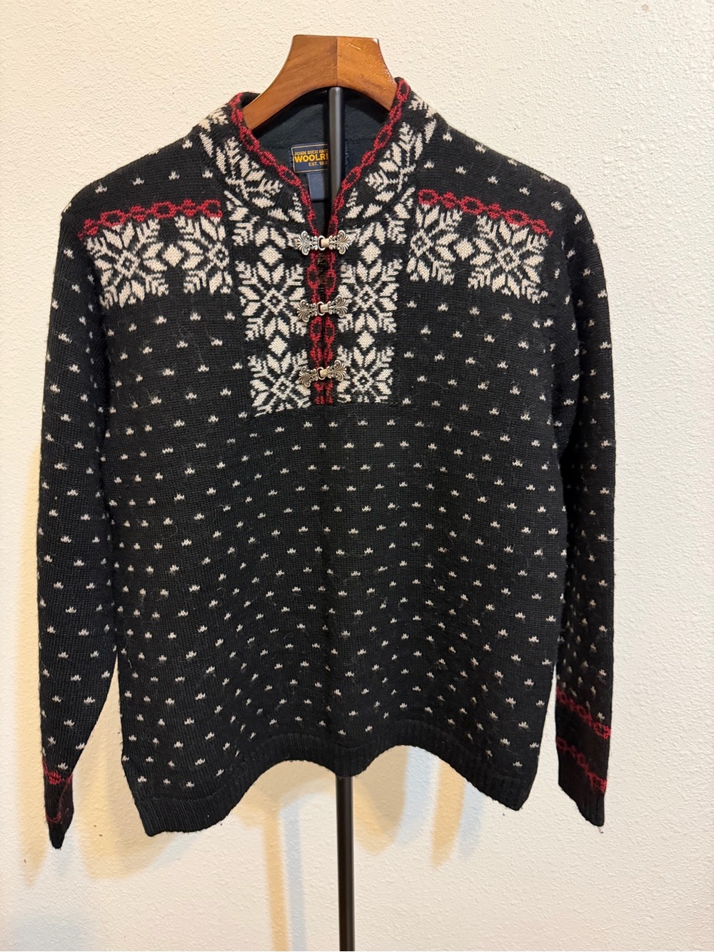 Vintage Woolrich JohnRich & Bros Nordic Zip-Front Wool Sweater silver tone metal